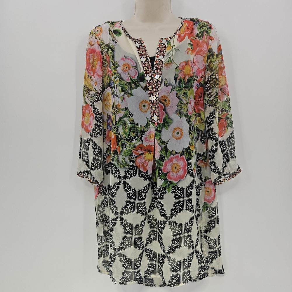 Soft Surroundings Tunic Top Womens Small Sheer Floral Boho Black White Blouse - Picture 9 of 9